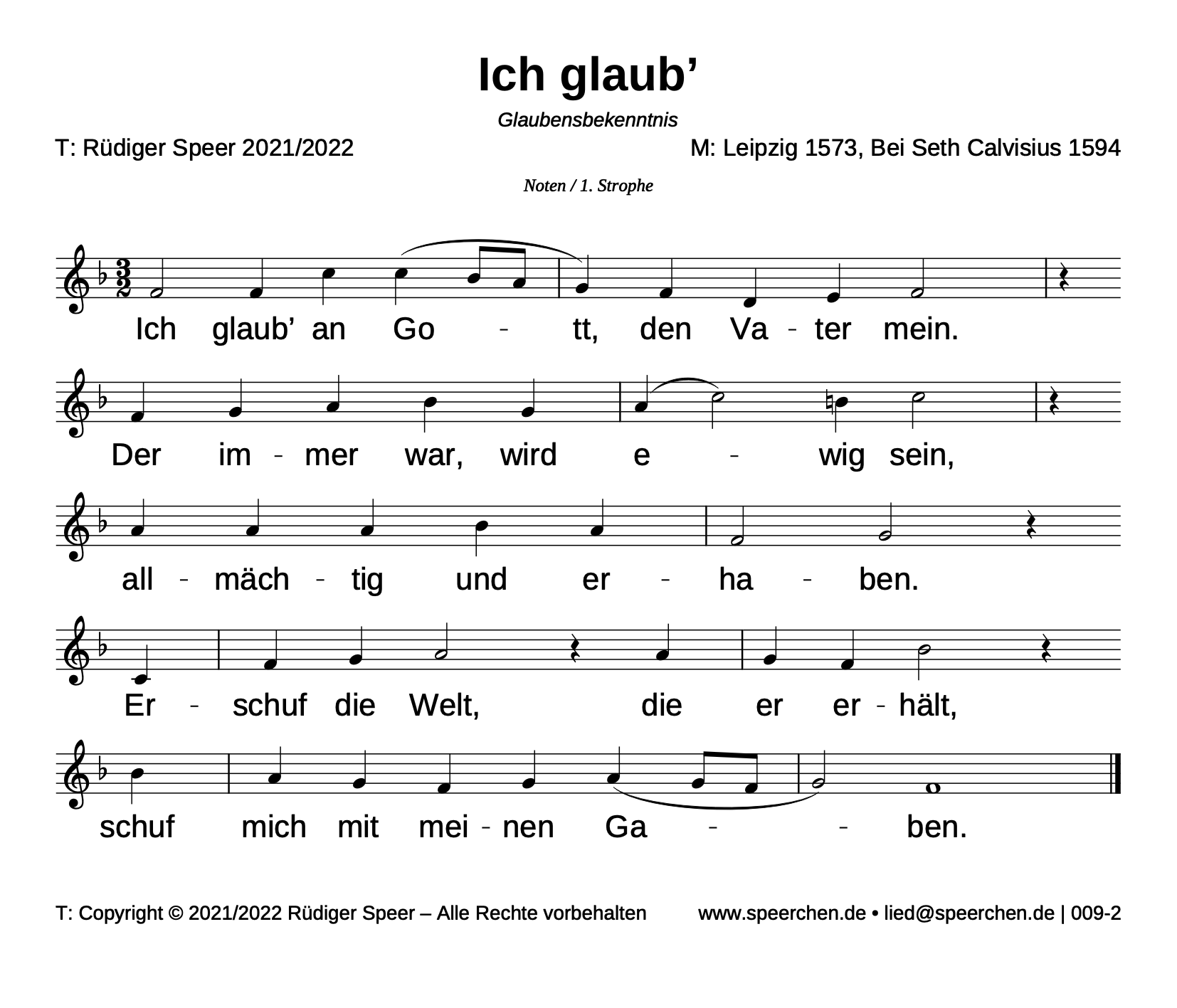 Noten mit Text der ersten Strophe