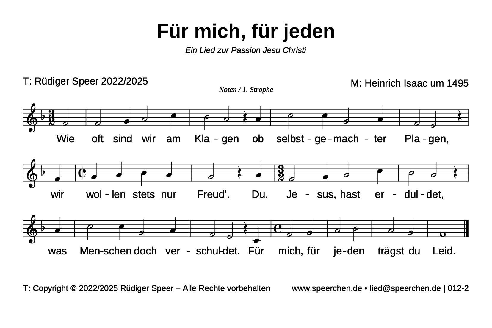 Noten mit Text der ersten Strophe