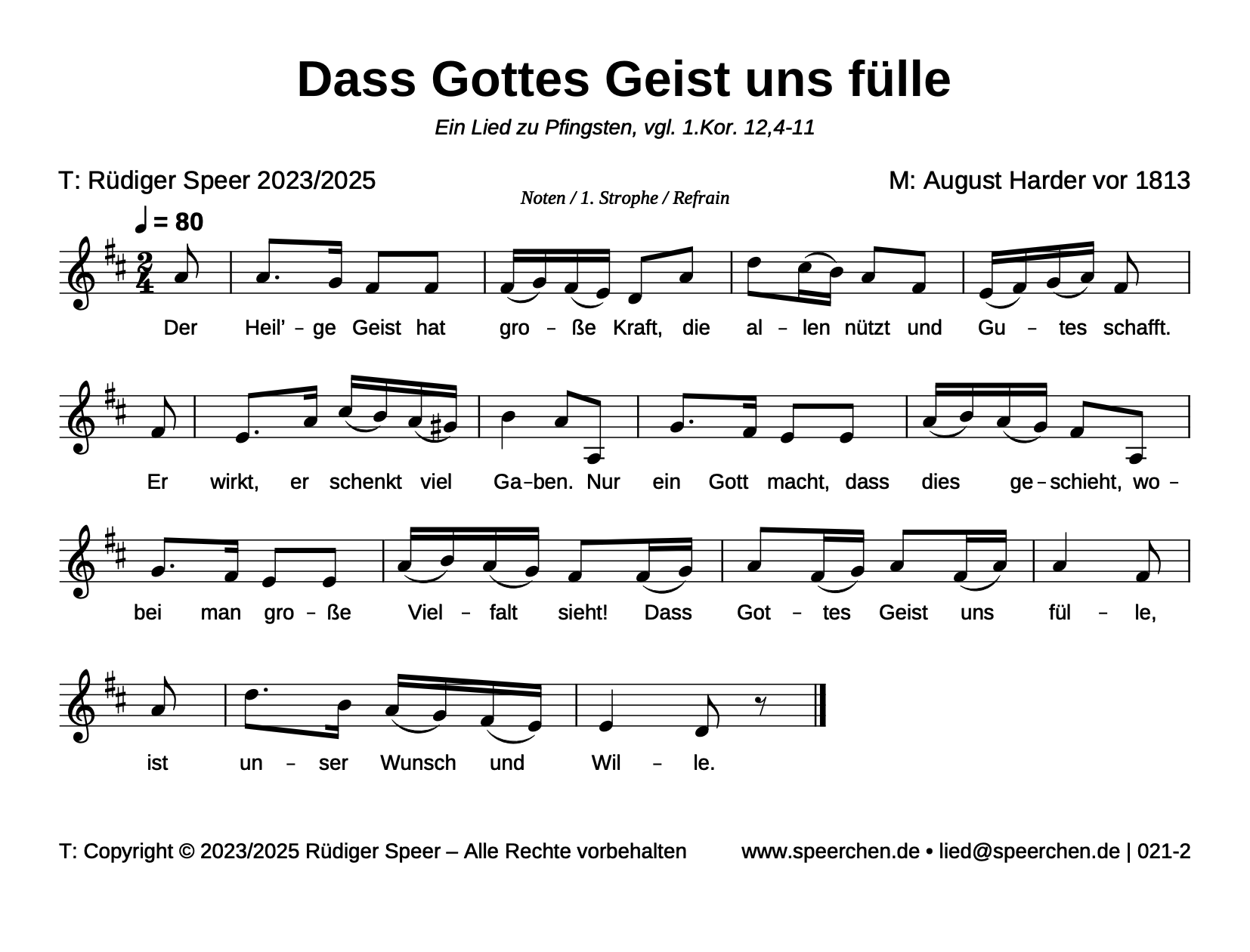 Noten mit Text der ersten Strophe und des Refrains