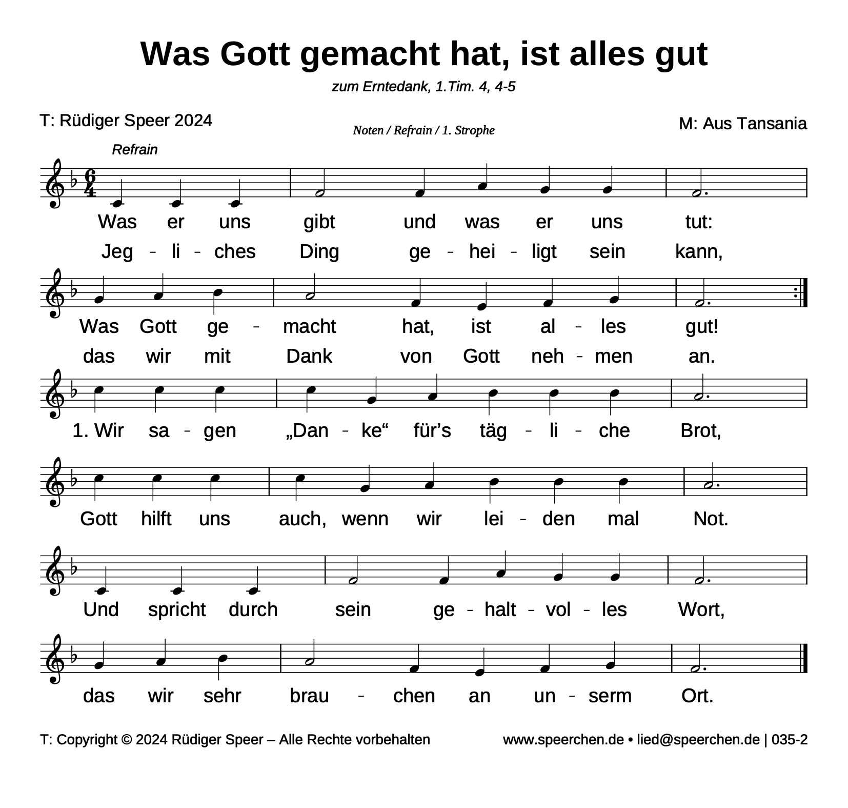 Noten mit Text des Refrains und der ersten Strophe